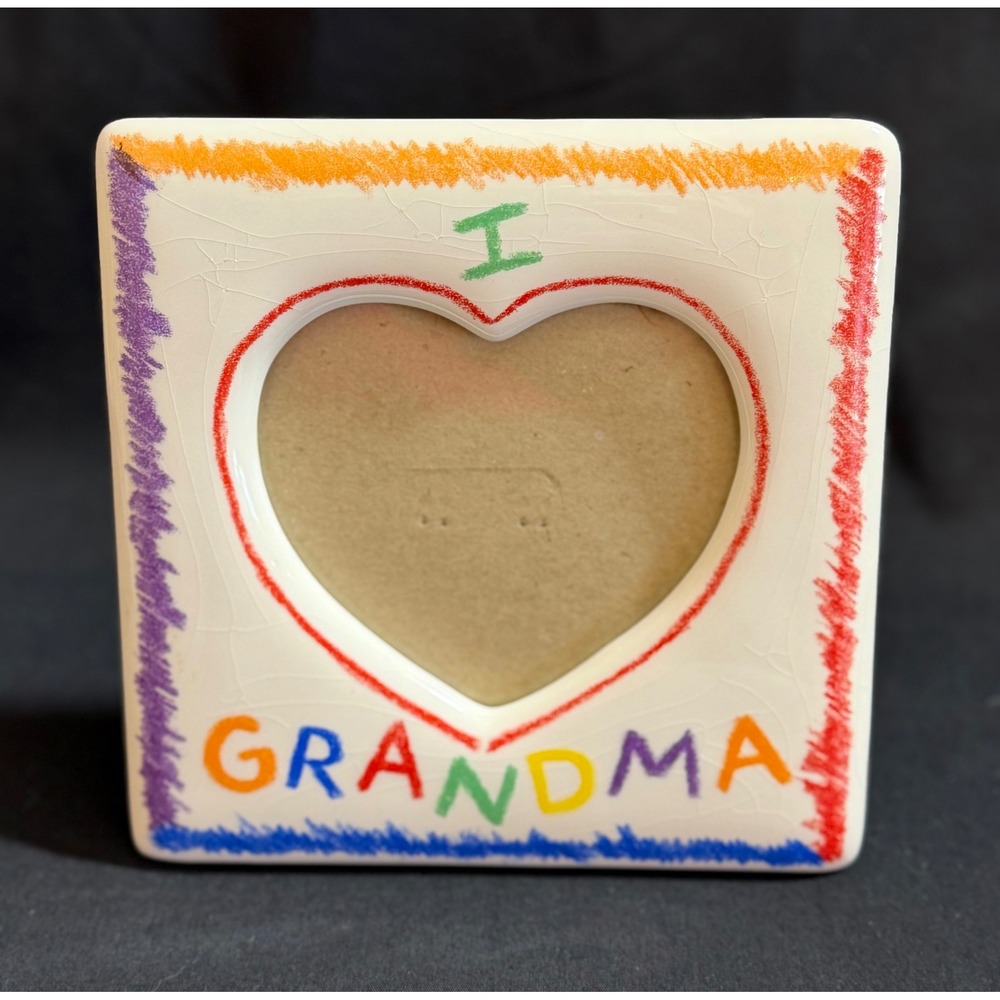 Vintage I Love Grandma Ceramic Heart Picture Frame Rainbow Crayon Style Tabletop